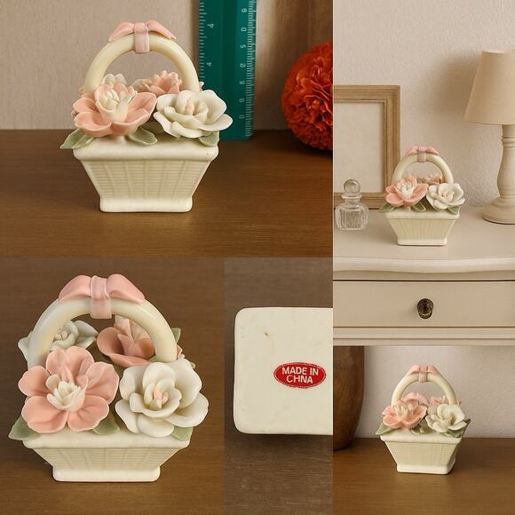 Vintage Porcelain Flower Basket Figurine Pink White Roses Made in China - Picture 1 of 6